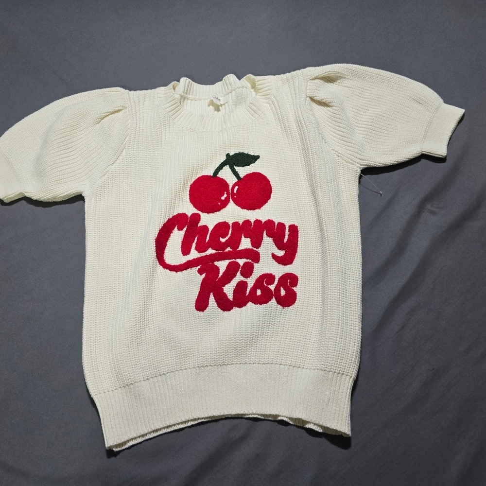 Oddi Sweater Top Womens Small White Cherry Kiss Puff Sleeve Graphic‎ IT18024